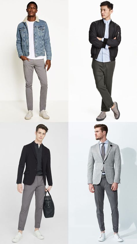 Men's Grey Chinos Outfit Inspiration Lookbook Men Grey Trousers Outfit, Grey Chinos Men Outfits Casual, Grey Pants Men Outfit, Grey Sneakers Outfit Men, Grey Chinos Men Outfits, Grey Trousers Outfit Men, Grey Trousers Outfit, Dark Grey Chinos, Grey Chinos Men