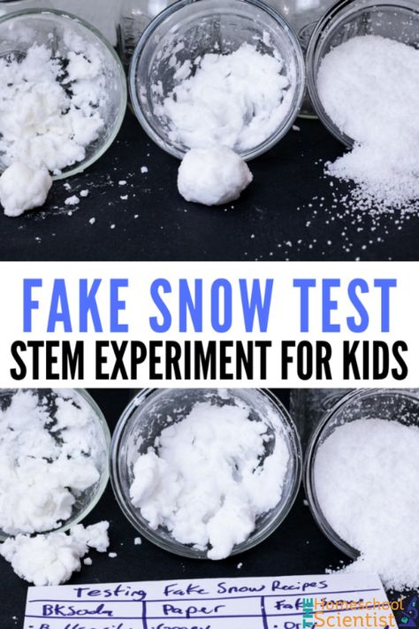 Fake Snow STEM Experiment - homeschool science - winter experiment Fake Snow Experiment, Penguin Science Experiment, Snow Stem Activities For Kids, Snow Stem Activities, Snow Experiments For Kids, Winter Stem Activities Elementary, Winter Stem Projects, Weather Stem Activities, Winter Steam Activities