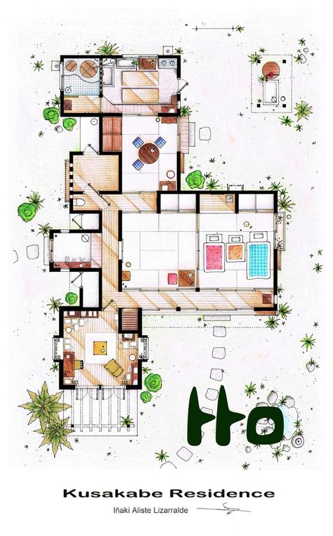 The Simpsons If you've ever wondered what the layout of your favorite fictional character's apartment looked like, interior designer Iaki Aliste Lizarralde My Neighbor Totoro House, Totoro House, Room Sketch, Traditional Japanese House, Floor Plan Drawing, Interior Design Sketches, Plan Drawing, Japanese Architecture, House Floor