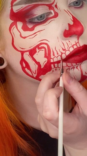 Leah Sapp on Instagram: "Here’s a super mini tutorial of this sparkly skull makeup look! The first tutorial I’ve filmed in my new set up 😭 let me know what you think! . Inspired by @melllani_ ❤️ . Contacts: @myeyebb_official blind red (use code “Sapp” for 20% off!) . Makeup details- Eyes: @profusion rituals palette (use code “sapplesauce666” for 20% off!$) @nyxcosmetics epic ink liner @tatti_lashes evolution lashes . Lips: @aboutfacebeauty matte fluid eye paint in scream of consciousness . Face Red Skeleton Makeup, Red Skull Makeup, Halloween Eye Contacts, Skull Makeup Look, Skull Face Painting, Skull Makeup Halloween, Matte Fluid Eye Paint, Lip Liner Makeup, Skeleton Face Paint