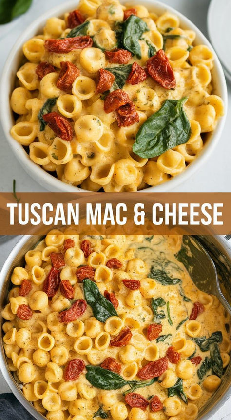 Elevated Comfort Food! – This Tuscan Mac and Cheese takes your classic favorite to the next level with the addition of garlic, sun-dried tomatoes, and a creamy cheese sauce. It's comfort food made elegant! Tuscan Mac And Cheese, Tortellini Mac And Cheese, Creamy Cheese Sauce, Gooey Cheese, Creamy Cheese, Sun Dried Tomatoes, Cheese Sauce, Dried Tomatoes, Tortellini