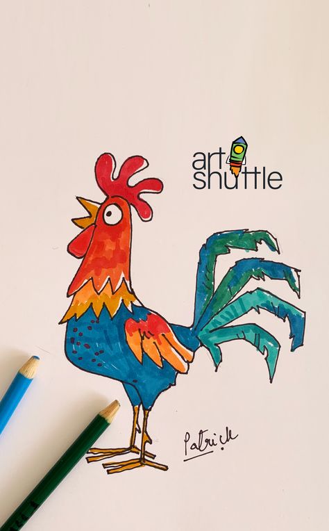 How to draw a cute rooster Cute Rooster Drawing, Rooster Drawing Simple, Rooster Doodle, Rooster Drawing, Chicken Craft, Rooster Illustration, Cartoon Rooster, Colorful Rooster, Easy Draw