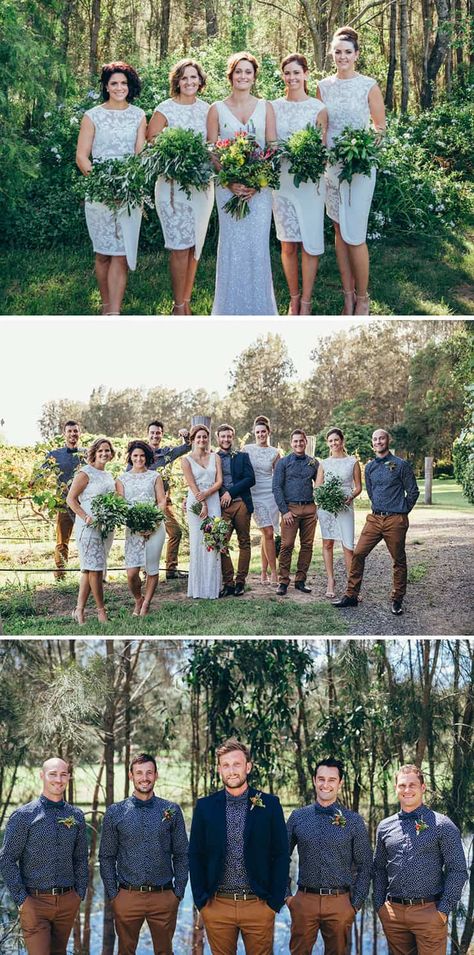 32 Bridal Party Outfit Ideas That Look Amazing Groomsmen Attire Brown Pants, Groomsman Khaki Pants, Groom Khaki Pants White Shirt, Groom Patterned Shirt, Carhartt Wedding Groomsmen, Groom Brown Pants, Casual Bridal Party Attire, Groomsmen Patterned Shirt, Brown Pants Groomsmen