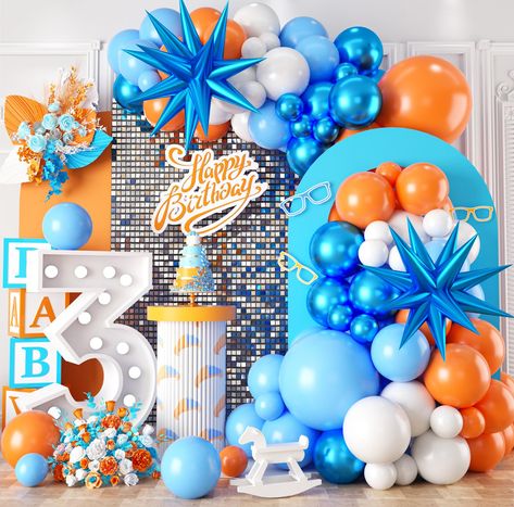 PRICES MAY VARY. 🎈【110PCS Orange Blue Balloon Arch】Our orange and blue balloon garland kit contains:2 x 18inch Balloons (orange*1,blue*1) , 50 x 10inch Balloons(blue*15,white*10,orange*15,metallic blue*10), 50 x 5inch Balloons (blue*15,white*10,orange*15,metallic blue*10), 2PCS explosion star balloons,balloons strip 1pc, adhesive tape 4pcs,ribbon 1pc. 🎈【Premium Material】 Our blue orange balloons are made of natural latex.Each of these latex balloons is in a brighter color and brighter thicker Orange And Blue Balloons, Friend Gathering, Blue Balloon Garland, Orange Birthday Parties, Balloons Blue, Star Balloons, Blue Party Decorations, Balloons Arch, Balloons For Birthday