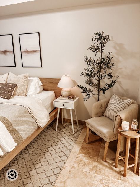 Cozy neutral bedroom corner Neutral Bedroom Ikea, White Bed With Brown Furniture, Monochrome Bedroom Beige, Bed With Chair Next To It, Oak White Bedroom, Bedroom Inspirations With Chair, White And Wood Room Aesthetic, White And Brown Wood Bedroom, Natural Wood Bedroom Decor