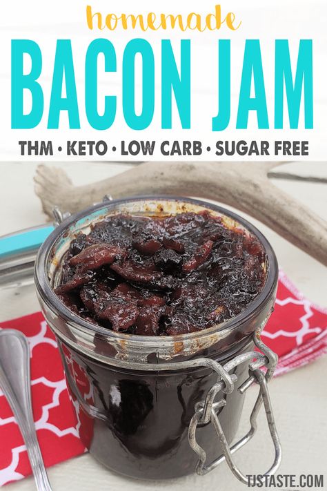 Salty, sweet, bitter, and a bit of spicy blend together to create this thick, spreadable, savory bacon jam. Keto Bacon Jam, Low Carb Bun, Bacon Jam Recipe, Keto Bacon, Keto Sauces, Gluten Free Egg Free, Bacon Jam, Keto Cooking, Trim Healthy Mama