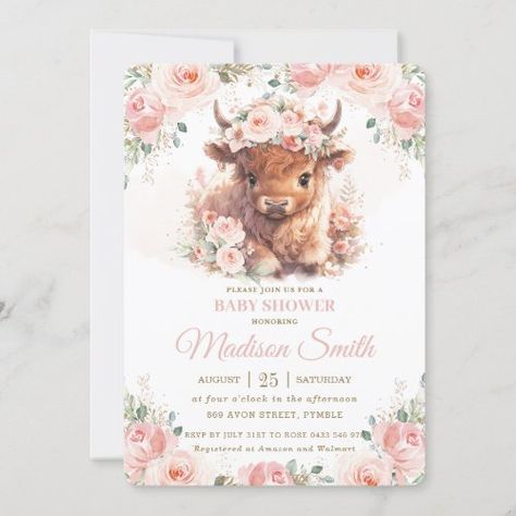 $2.11 | Fluffy Highland Cow Pink Blush Floral Baby Shower #fluffy highland cow baby shower, cute adorable, co-ed baby shower sprinkle, chic whimsical, watercolor, pretty blush pink floral, baby girl, sweet girly, beautiful rose flowers green leaves, digital download template Highland Cow Baby Shower Theme Girl, Fluffy Highland Cow, Cow Baby Shower Theme, Cow Baby Shower Invitations, Highland Cow Baby, Cow Baby Shower, Girl Shower Themes, Invitations Pink, Cow Baby Showers