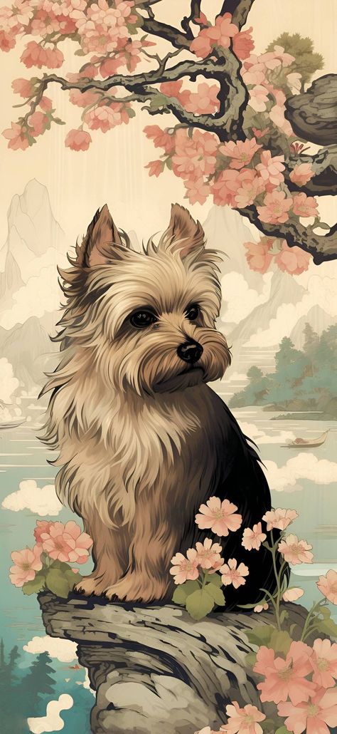 An Ukiyo-E style artistic interpretation of a Yorkshire Terrier sitting on a branch of a cherry blossom tree, ideal for an aesthetic phone wallpaper. Unique Wallpapers, Aesthetic Wallpaper Iphone, Wallpaper Android, Super Cute Animals, Blossom Tree, Ukiyo E, Keychain Design, Japanese Woodblock Printing, Unique Wallpaper