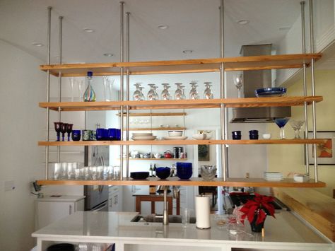 Shelves Suspended From Ceiling, Small Kitchen Addition, Hanging Kitchen Shelves, Hanging Shelf Kitchen, Hanging Kitchen Cabinets, Suspended Shelves, Ceiling Hood, Kitchen Extractor, Timeless Kitchen Design