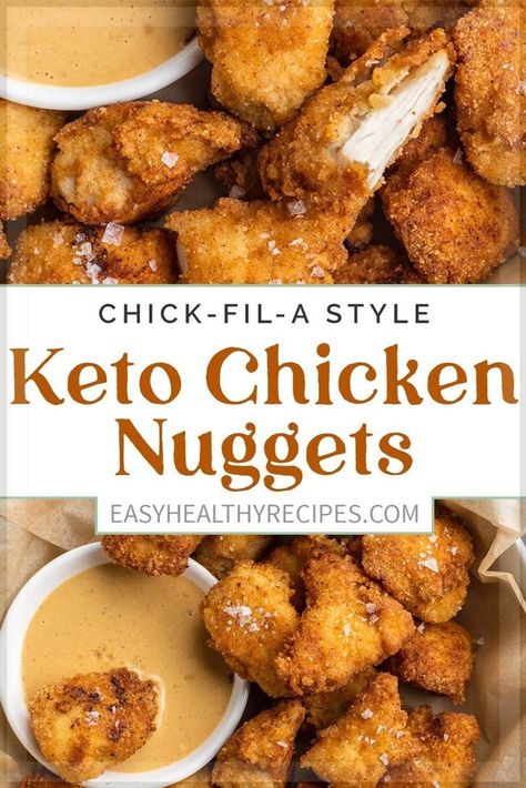 Skip the drive thru - these homemade chicken nuggets are absolutely delicious and totally keto! Marinated in pickle juice, lightly breaded, and pan-fried for the perfect crunch, they're better than anything you'll get from a fast food joint. Serve them with a keto copycat sauce or enjoy them just as they are. Keto Honey, Keto Chicken Nuggets, Chick Fil A Sauce, Homemade Chicken Nuggets, Chicken Chunks, Popcorn Chicken, Pork Rinds, Low Carb Chicken, Keto Chicken