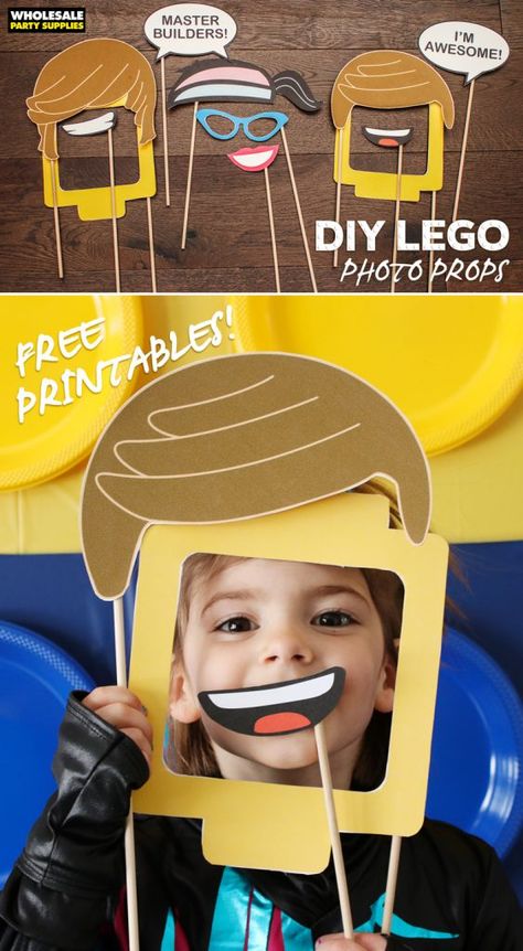 DIY LEGO Photo Booth Props | Party Ideas & Activities by Wholesale Party Supplies Lego Photo Booth, Lego Movie Party, Lego Faces, Lego Film, Lego Themed Party, Diy Photo Booth Props, Diy Lego, Lego Diy, Festa Harry Potter