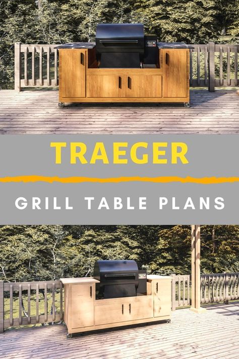 Learn how to build your own Grill Table / Grill Cart for your Traeger Smoker. Detailed 2D and 3D Plans to guide you through the process Bbq And Smoker Area, Grilling Stations Outdoor, Traeger Grill Station, Traeger Outdoor Kitchen Ideas Diy, Outdoor Smoker Grill Area, Traeger Outdoor Kitchen, Traeger Outdoor Kitchen Ideas, Outdoor Kitchen With Traeger Grill, Custom Traeger Table