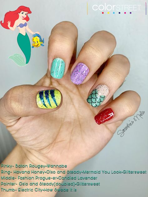 Color Street Disney Nails, Little Mermaid Nails Designs, Ariel Nails Disney, Little Mermaid Nail Art, Candied Lavender, June Nails Ideas, Little Mermaid Nails, Disney Themed Nails, Disneyland Nails