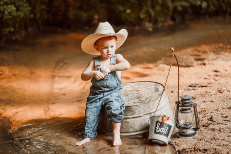 1st Birthday Fishing Photo Shoot, Fishing Photoshoot, Fishing Photo Shoot, Creek Session, Boy In Overalls, Cowboy Photos, Creek Photos, 2nd Birthday Photos, Country Baby Boy