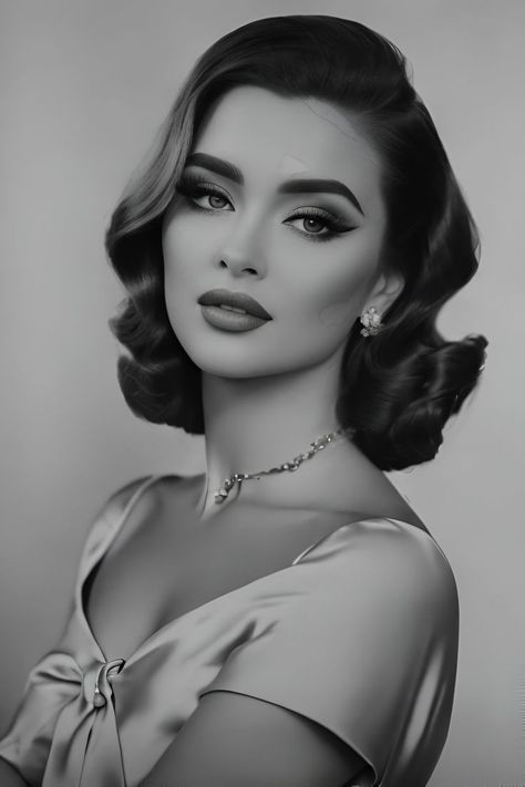 Vintage Photoshoot Black And White, Black And White Classy Photography, Vintage Glamour Photoshoot, 50s Photoshoot, 1950's Hairstyles, 2023 Photoshoot, Desktop Gadgets, Shimmer Lipstick, Vintage Curls