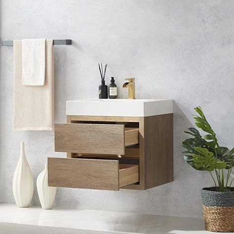 Vinnova 703124-NO-WH-NM Palencia Bathroom Vanity, North American Oak - - Amazon.com Contemporary Powder Room, Wood Bathroom Vanity, Square Sink, Floating Bathroom Vanity, Single Basin, White Sink, Floating Vanity, Sink Top, Single Sink Bathroom Vanity