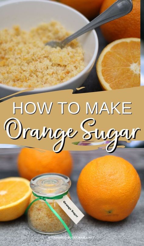 orange sugar in a bowl with a spoon, also in a jar with a tag and fresh oranges Citrus Canning Recipes, Homemade Flavored Salt Recipes, Orange Rinds Uses, Finishing Sugar Recipes, Flavored Sugar Recipe, Infused Sugar Recipes, Citrus Salt Recipe, Orange Tea Recipe, Orange Extract Recipes