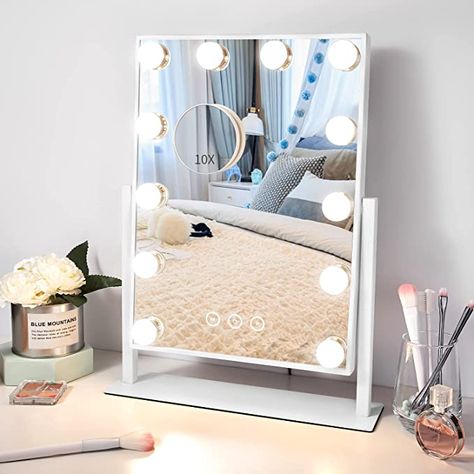 Amazon.com - Nusvan Vanity Mirror with Lights,Makeup Mirror with Lights,3 Color Lighting Modes Detachable 10X Magnification Mirror Touch Control,14.6Inches (White) - Light Up Vanity, Hollywood Makeup Mirror, Lights Makeup, Hollywood Vanity Mirror, Hollywood Vanity, Lighted Makeup Mirror, Vanity Mirror With Lights, Color Lighting, Hollywood Mirror