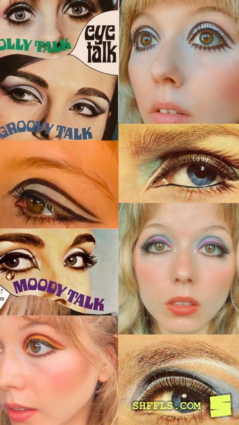 60s Womens Makeup, 1960 Eye Makeup, 80s Eyeshadow Palette, 60s Women Makeup, 60s Gogo Makeup, 1970 Makeup Look, 60s Pop Culture, 70s Eyeshadow 1970s Makeup, 60 Makeup Retro