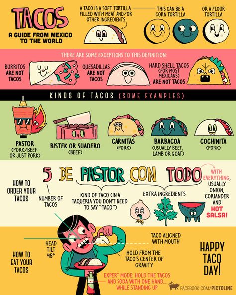 Many of us enjoy having tacos regularly. There are many ways to make them though. This infographic from Pictoline serves as a guide for taco lovers:Premium infographic templates Types Of Tacos, Hard Shell Tacos, Tacos Mexicanos, Eating Tacos, Spanish Basics, Mexican Tacos, Learn Another Language, Tacos And Burritos, Taco Lover