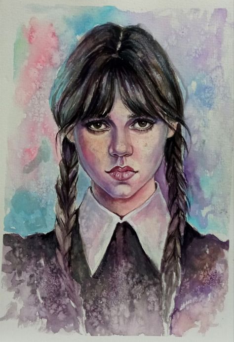 Wednesday Watercolor, Wednesday Jenna, Portrait Of Woman, Peach Wallpaper, Jenna Ortega, Watercolor Portraits, Watercolor Illustration, Watercolor Painting, Watercolor Paintings