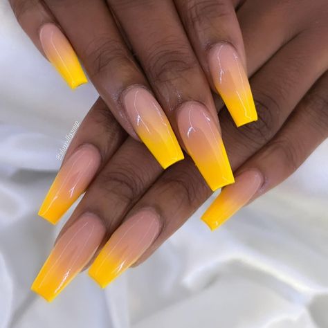 Ombre nails are on-trend at the moment with this a go-to option when it comes to the nail salon and a lot of people are going for yellow ombre nails. In this article you will find plenty of nail design ideas for this fun summer manicure to try! Yellow Nail Art, Yellow Nails Design, Sunflower Nails, Ombre Acrylic Nails, Ombre Nail Designs, Summer Acrylic Nails, Yellow Nails, Coffin Nails Designs, Fire Nails