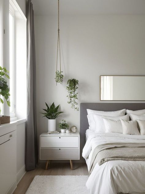 Create an aesthetically pleasing bedroom layout by incorporating a minimalist platform bed with sleek, modern accents. Add a touch of greenery with hanging plants and use a statement mirror as a focal point to elevate the overall design. Aesthetically Pleasing Bedroom, Minimalist Platform Bed, Statement Mirror, Bedroom Layout, Dreamy Bedrooms, Bedroom Layouts, Modern Accents, Hanging Plants, Aesthetically Pleasing