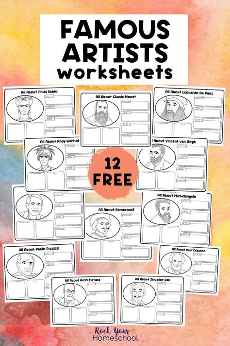 Twelve examples of free printable famous artists worksheets including Frida Kahlo, Rembrandt, Pablo Picasso, Jeff Koons, Michelangelo, Leonardo da Vinci, Andy Warhol, Claude Monet, Salvador Dali, Paul Cezanne, Vincent van Gogh, and Henri Matisse. Art History For Kindergarten, Middle School Art Worksheets Free Printable, Art Vocabulary Worksheets, Art Worksheets Printables Middle School, Artists To Research, Kindergarten Art Worksheets, Sketching For Kids, Art History Worksheets, Drawing Sheets For Kids