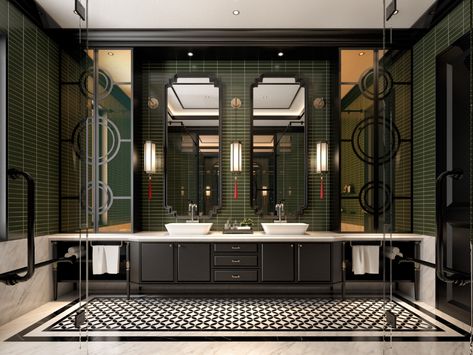 INDOCHINE BATHROOM on Behance Art Deco Entryway Foyers, Indochine Bathroom, Elegant Tile Flooring, Bathroom Behance, Commercial Bathroom Ideas, Modern Chinese Interior, Neoclassic Interior, Indochine Interior, Bedroom Behance