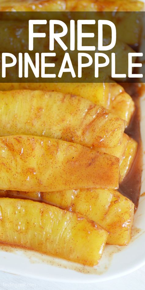 Fresh pineapple spears cooked in a brown sugar and cinnamon glaze. Fried Pineapple Recipes, Pan Fried Pineapple, Fried Pineapple Dessert, Pineapple Ideas Food, Carmelized Pineapple Rings, Baked Pineapple Slices, Recipes For Fresh Pineapple, Whole Pineapple Recipes, Cooked Pineapple On Stove