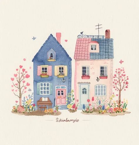 ↑↑↑ Larger size on website 🔸 A watercolor illustration of two charming houses in a spring garden. The house on the left is blue w 🔸 From Midjourney AI Image Cute House Illustration, House Illustration Art, Light Blue Door, Doodle Houses, Spring Drawing, Home Illustration, Colorful Houses, Garden Illustration, Garden Watercolor