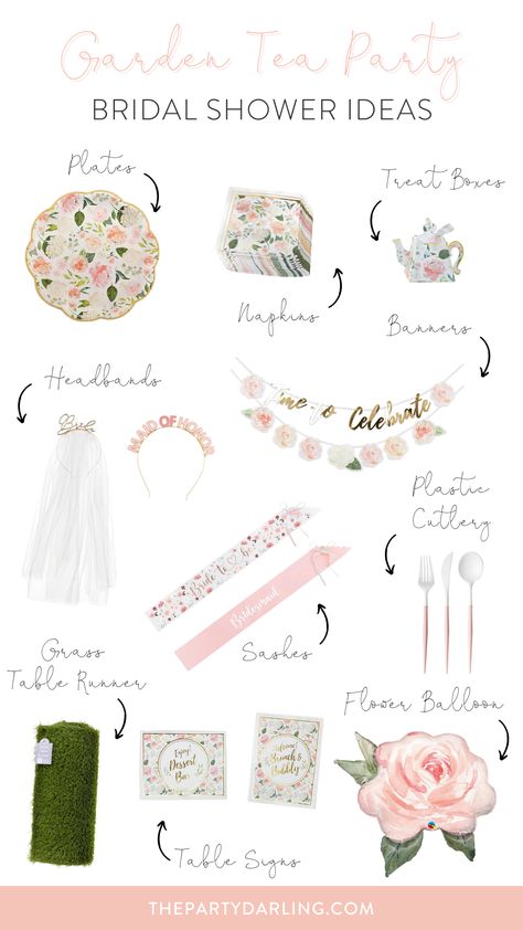 A collage of floral party supplies for a garden tea party bridal shower Bride To Be Tea Party, How To Dress For Tea Party, Bridal Shower High Tea Ideas, Time For Tea With The Bride To Be, Tea With The Bride To Be Decor, High Tea Bridal Shower Ideas Decorations, Vintage Tea Party Bridal Shower Ideas, Afternoon Tea Bridal Shower Ideas, Tea Themed Bridal Shower Ideas