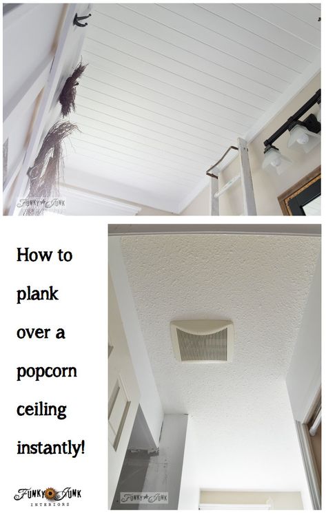 Dislike popcorn ceilings too? Learn how to plank a bathroom popcorn ceiling without removing the popcorn first! Hide the popcorn without all the mess or asbestos worries! Click to read the full tutorial. How To Plank, Wood Plank Ceiling, Plank Ceiling, Popcorn Ceiling, Trendy Diy, Bedroom Remodel, Bathroom Ceiling, Up House, Cool Ideas