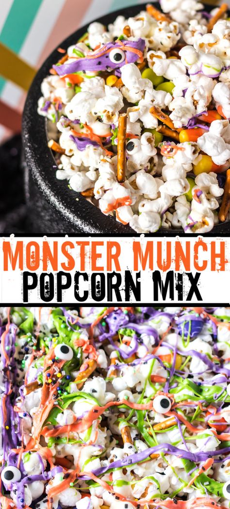 Halloween Popcorn Snack Mix Recipes, Halloween Party Popcorn, Monster Popcorn Munch, Popcorn Mix Halloween, Halloween Treats Popcorn, Monster Munch Popcorn, Monster Mash Popcorn, Halloween Popcorn Mix Monster Munch, Halloween Sweet And Salty Snack