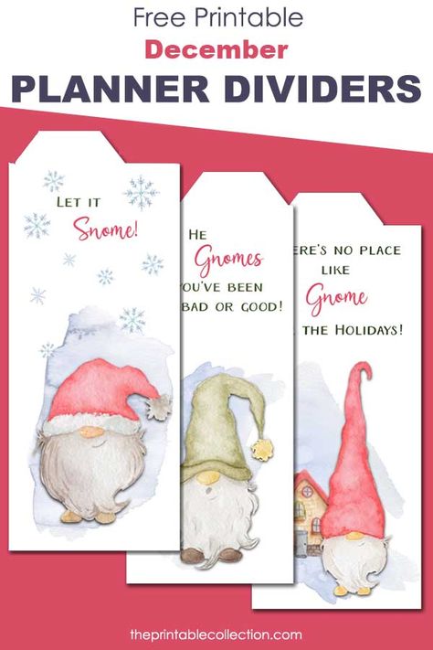 Watercolor Gnomes, December Planner, Bookmark Printable, Happy Planner Printables, Tab Dividers, Daily Planner Printables Free, Divider Tabs, Bullet Journal Cover Ideas, Christmas Bookmarks