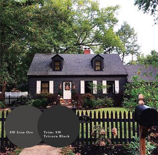 12 Dark Exterior Paint Colors We’re Loving–In Action! Dark Exterior Paint Colors, Dark Gray House Exterior, Dark Exterior House Colors, Dark House Exterior, Dark Exterior House, Exterior Gray Paint, Gray House Exterior, Ranch House Exterior, Exterior House Color