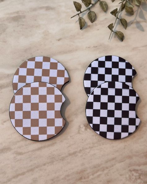 Car coasters 🚘 ✨ Available in black & tan checkered currently, which match our key fobs. More matching patterns for both are on the way as I get them uploaded to the website in the coming weeks! #carcoaster #caraesthetic #blackcheckered #tancheckered #caraccessories #thecozycrewbflo Matching Patterns, Car Coasters, Key Fobs, Cup Holders, Coasters Set, Black Tan, Car Interior, Black And Tan, Coaster Set