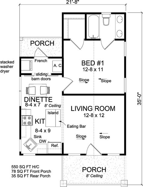 Craftsman House Plan - 1 Bedrooms, 1 Bath, 550 Sq Ft Plan 11-481 Pallet House Plans, Granny Pod, Small Cottage House Plans, Cottage House Plan, Tiny Closet, Pallet House, Small Cottage Homes, Small House Floor Plans, Corner Sink