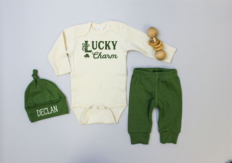 lucky charm onesie, baby boy st patricks day outfit, olive Irish Baby, Baby Boy Pictures, St Patrick's Day Outfit, Olive Pants, Personalized Hats, Going Home Outfit, Picture Outfits, Coming Home Outfit, St Pattys Day