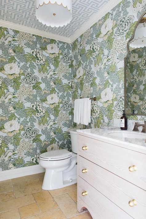 Thibaut Honshu Wallpaper in Powder Room - Transitional - Bathroom Blue Powder Rooms, Wallpaper Powder Room, Powder Room Wallpaper, Thibaut Wallpaper, Patterned Wallpaper, Wallpaper Ceiling, Powder Room Small, Powder Room Design, Transitional Bathroom