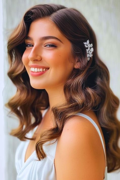 Half Updo Hollywood Waves, Hollywood Waves Hairstyle, Ponytail Hairstyle Ideas, Prom Hairstyle Ideas, Old Hollywood Waves, Curly Prom Hair, Bridal Hair Down, Glam Wedding Makeup, Elegant Ponytail