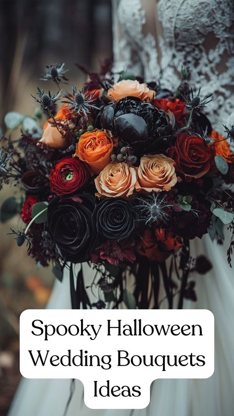 A spooky Halloween wedding bouquet featuring dark florals, rich colors, and eerie details for a magical and mysterious wedding look. Spooky Halloween Wedding, Spooky Bouquet, Wedding Bouquets Ideas, Bouquet Stand, Bouquet Styles, Diy Boutonniere, Bouquets Ideas, Dark Florals, Halloween Themed Wedding