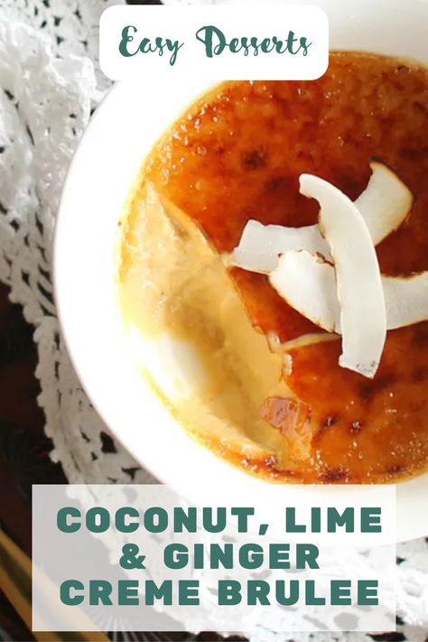 Savor the tropics with our Coconut, Lime & Ginger Crème Brûlée! 🥥🍋 Dive into a luxurious custard infused with creamy coconut, zesty lime, and a hint of warming ginger. This isn't your everyday Crème Brûlée; it's an exotic twist on the classic. Finished with a flawless caramelized crust that cracks beautifully with each spoonful, this dessert promises a taste adventure in every bite. Elevate your dinner parties or indulge on a cozy night in. Pin it for later📌 Desserts Coconut, Brulee Recipe, Coconut Palm Sugar, Coconut Custard, British Bake Off, Caramel Flavoring, Coconut Lime, Cozy Night, Dinner Parties