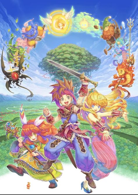 Secret of Mana artwork SNES Secret Of Mana, Arabian Knights, Breath Of Fire, Gaming Tattoo, Japanese Games, Nintendo Entertainment System, Role Playing Game, Square Enix, Rpg Games