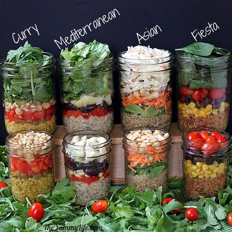 Quinoa Salad-In-A-Jar in 4 international flavors. TheYummyLife.com Salads In A Jar, Quinoa Salads, Recipes Salads, Yummy Salads, Mason Jar Salad, Mason Jar Meals, Salad In A Jar, Jar Ideas, Fit Food