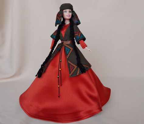 Barbie Doll in Georgian national dress, Khevsureti Georgia, Handmade Souvenirs Handmade Souvenirs, Dresses Handmade, National Dress, Historical Dresses, Dress Clothes, Brands Outlet, Barbie Doll, Collectible Dolls, Barbie Dolls