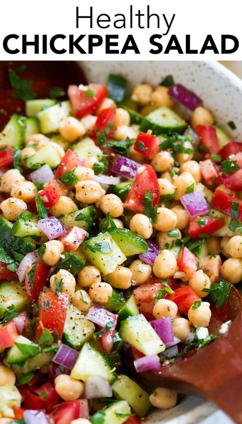 Chickpea Salad - healthy, easy, bright and flavorful and quick to make. Makes a delicious lunch especially when you add some tuna or salmon. #chickpeasalad #salad #healthyrecipe Mediterranean Diet Chickpea Salad, Shrimp Chickpea Salad, Corn Chickpea Salad, Simple Chickpea Salad, Chickpea Chicken Salad Recipes, Chic Pea Salad Recipe Easy, Healthy Make Ahead Salads, Indian Chickpea Salad, Chickpea Mediterranean Salad