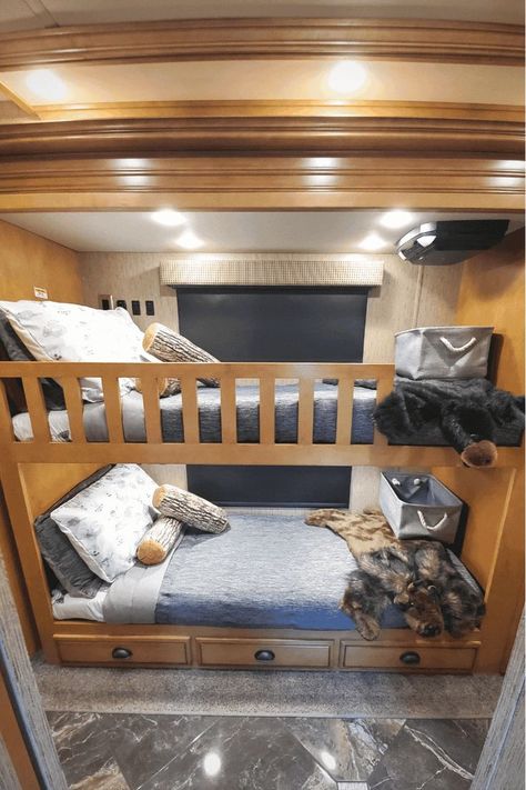 Rv Bunkhouse Remodel, Camper Bunk Beds, Rv Bunk Beds, Glamper Camper, Camper Reno, Rv Renovations, Cozy Accessories, Bunk House, Remodeled Campers