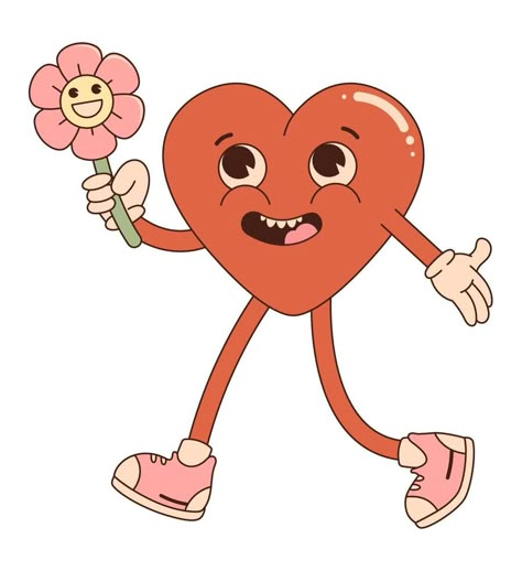 Retro groovy cartoon character. Red heart with happy flower. For poster, card, print, and itc. 70s vibes. Valentine Day. Retro Heart Cartoon, Heart Cute Illustration, Heart Cartoon Character, Heart Character Illustration, Groovy Valentines Day, Poster Flowers Design, Retro Cartoon Illustration, Heart Character Design, Heart Cartoon Drawing