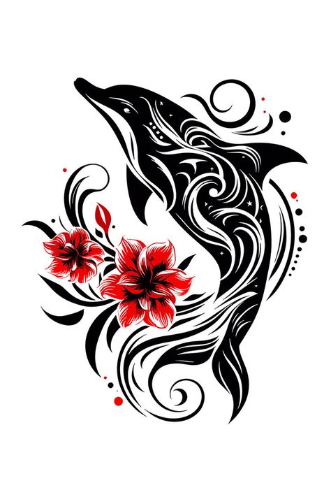 Ornate Dolphin Tattoo Design with Red Flowers Dolphin Tattoo Design, Dolphin Tattoo, Arm Sleeve Tattoos For Women, Dolphins Tattoo, Arm Sleeve Tattoos, Sleeve Tattoos For Women, Perfect Harmony, Arm Sleeve, Flower Tattoos